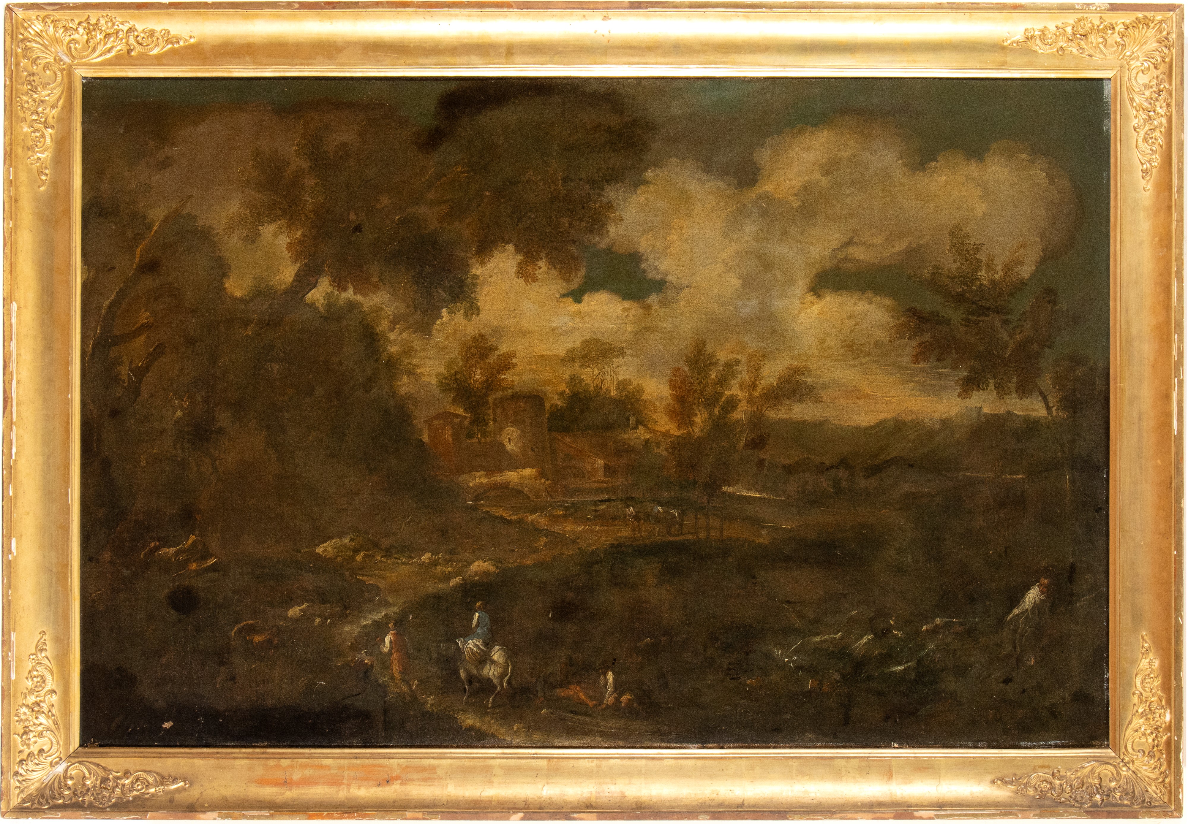 Paesaggio con corso d'acqua, ponte, monaco e viandanti