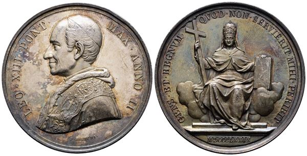 ROMA. Leone XIII (1878-1903). Medaglia 1879 A. II La Chiesa contro le teorie sovversive. BART.879; Ag; 34,10gr; 43,9mm. Bellissima patina di antica collezione su fondi lucenti. Minimo colpetto al bordo.