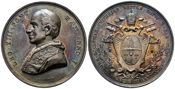 ROMA. Leone XIII (1878-1903). Medaglia 1878 A.I Annuale Elezione al pontificato. BART.878; Ag; 35,24gr; 43,8mm. Bellissima patina di antica collezione su fondi lucenti.