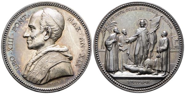 ROMA. Leone XIII (1878-1903). Medaglia 1896 A. XIX Enciclica Satis Cognitum per l'unità della Chiesa. BART.896; Ag; 34,7gr; 43,53mm. Bellissima patina di antica collezione su fondi lucenti.