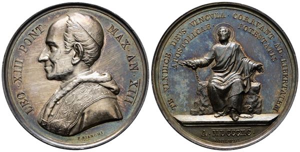 ROMA. Leone XIII (1878-1903). Medaglia 1890 A. XIII Libertà del Ministero Apostolico. BART.890; Ag; 36,05gr; 43,55mm. Bellissima patina di antica collezione su fondi lucenti.