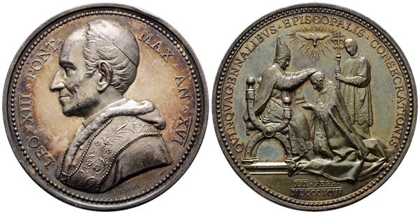 ROMA. Leone XIII (1878-1903). Medaglia 1893 A. XVI 50° anno della consacrazione episcopale di Leone XIII. BART.893; Ag; 35,25gr; 43,55mm. Bellissima patina di antica collezione su fondi lucenti. Colpetto al d.