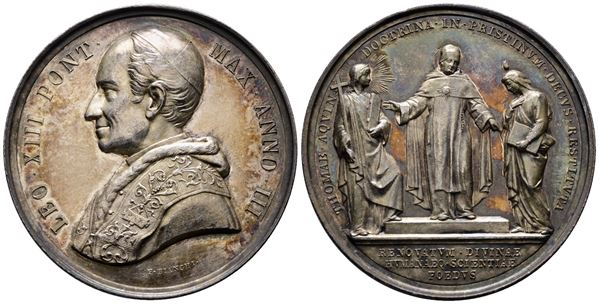 ROMA. Leone XIII (1878-1903). Medaglia 1880 A. III Impulso agli studi tomistici. BART.880; Ag; 35,45gr; 43,9mm. Bellissima patina di antica collezione su fondi lucenti.