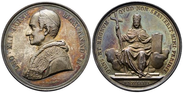 ROMA. Leone XIII (1878-1903). Medaglia 1879 A. II La Chiesa contro le teorie sovversive. BART.879; Ag; 34,07gr; 43,9mm. Bellissima patina di antica collezione su fondi lucenti.