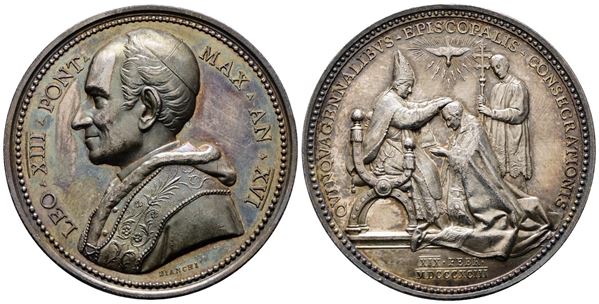 ROMA. Leone XIII (1878-1903). Medaglia 1893 A. XVI 50° anno della consacrazione episcopale di Leone XIII. BART.893; Ag; 35,75gr; 43,55mm. Bellissima patina di antica collezione su fondi lucenti.
