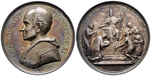 ROMA. Leone XIII (1878-1903). Medaglia 1888 A. XI 50 anni di sacerdozio di Leone XIII. BART.888; Ag; 37,12gr; 43,53mm. Bellissima patina di antica collezione su fondi lucenti. Minimo colpetto al d.