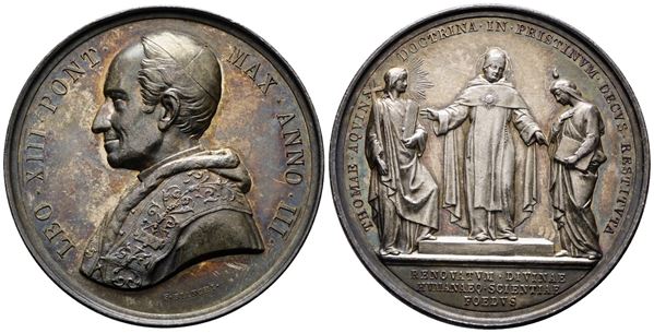 ROMA. Leone XIII (1878-1903). Medaglia 1880 A. III Impulso agli studi tomistici. BART.880; Ag; 35,17gr; 43,9mm. Bellissima patina di antica collezione su fondi lucenti.
