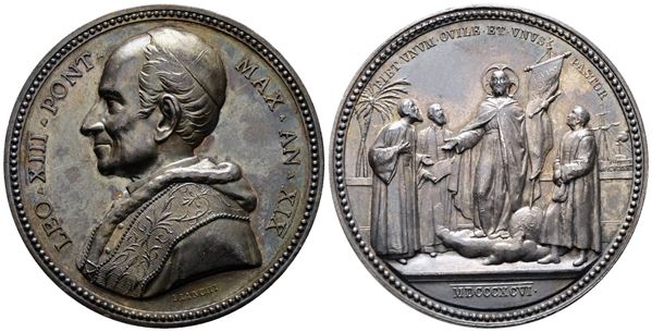 ROMA. Leone XIII (1878-1903). Medaglia 1896 A. XIX Enciclica Satis Cognitum per l'unità della Chiesa. BART.896; Ag; 34,5gr; 43,55mm. Bellissima patina di antica collezione su fondi lucenti.