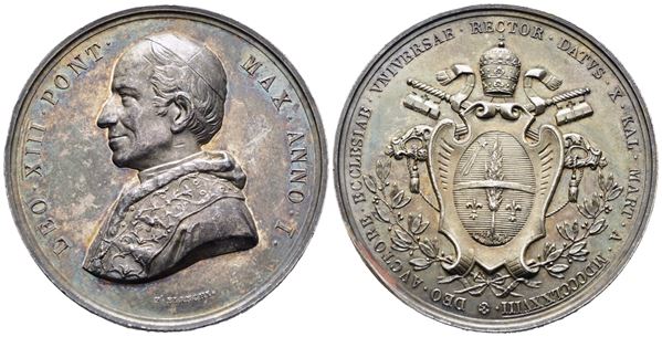 ROMA. Leone XIII (1878-1903). Medaglia 1878 A.I Annuale Elezione al pontificato. BART.878; Ag; 35,22gr; 43,8mm. Bellissima patina di antica collezione su fondi lucenti. Minima rigatura sul bordo al rov.