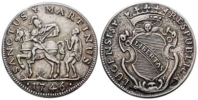 Lucca. San Martino da 15 1746. Riproduzione Moderna in Argento 800. Ag; 6,93gr; 28,5mm