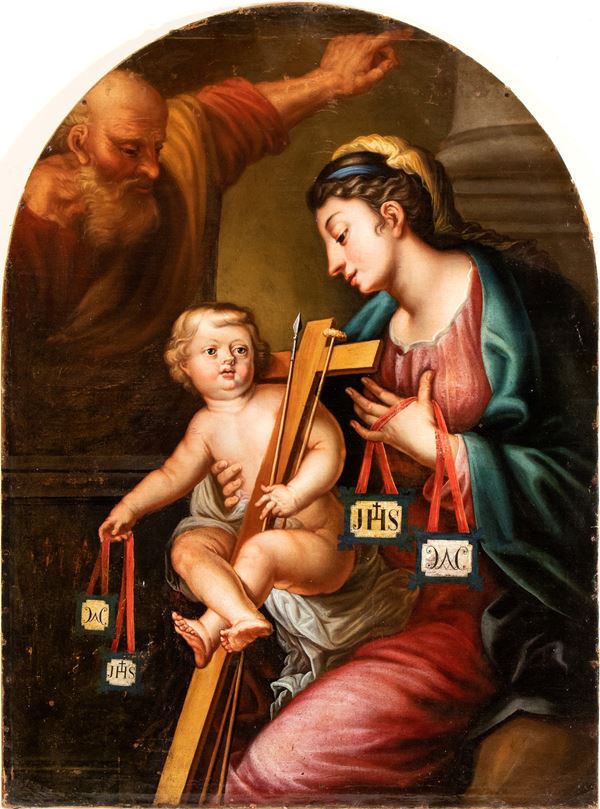 Artista genovese, XVIII secolo - Holy Family with symbols of the Passion