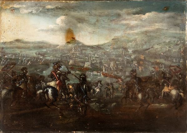 Artista fiammingo, XVII secolo - Cavalry battle with fortified town in the background