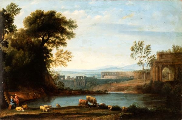 Artista attivo a Roma, prima met&#224; XVIII secolo - Landscape with shepherds and grazing flocks, pool of water and Colosseum in the background