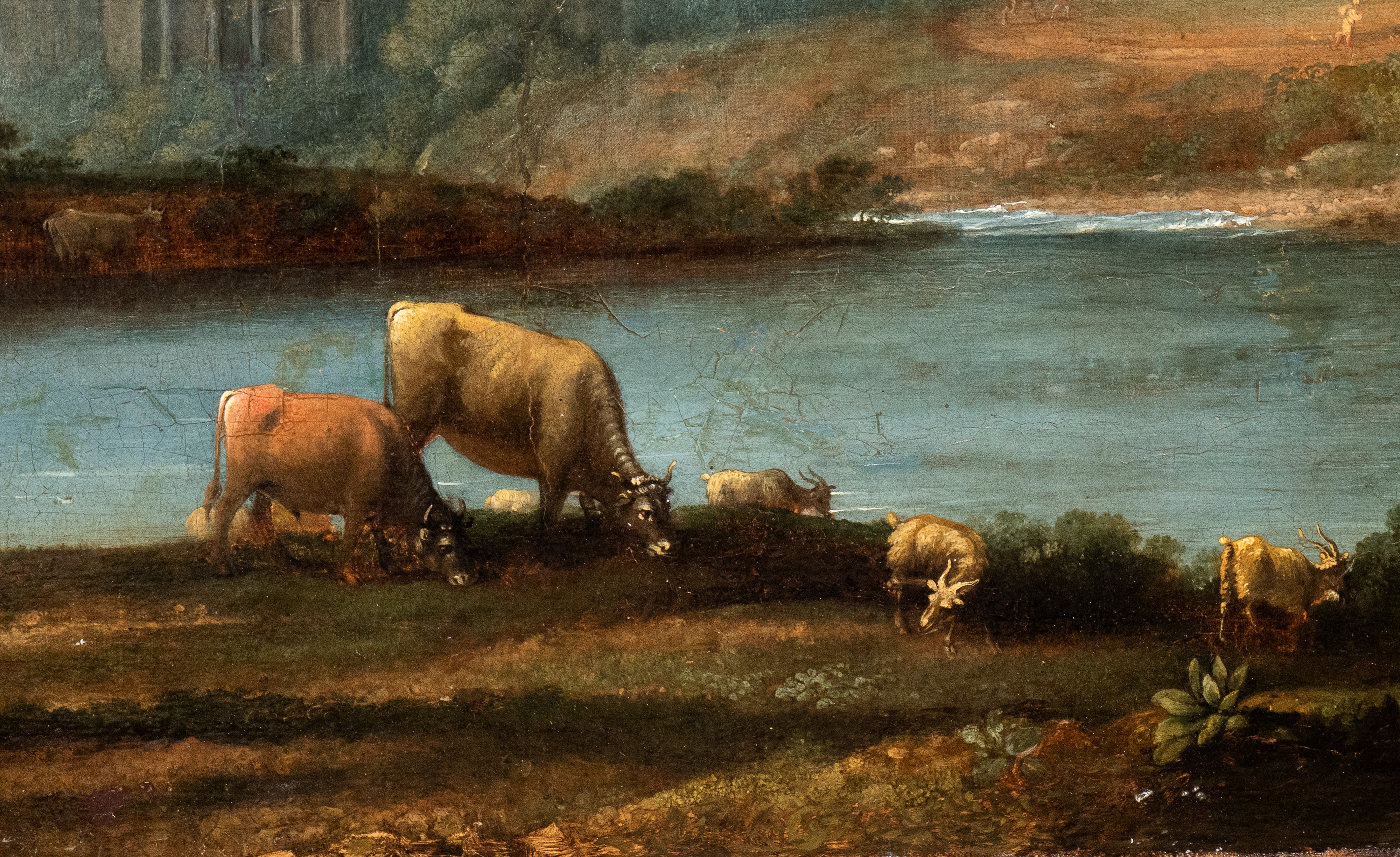 Paesaggio con pastori e greggi al pascolo, specchio d'acqua e Colosseo sullo sfondo