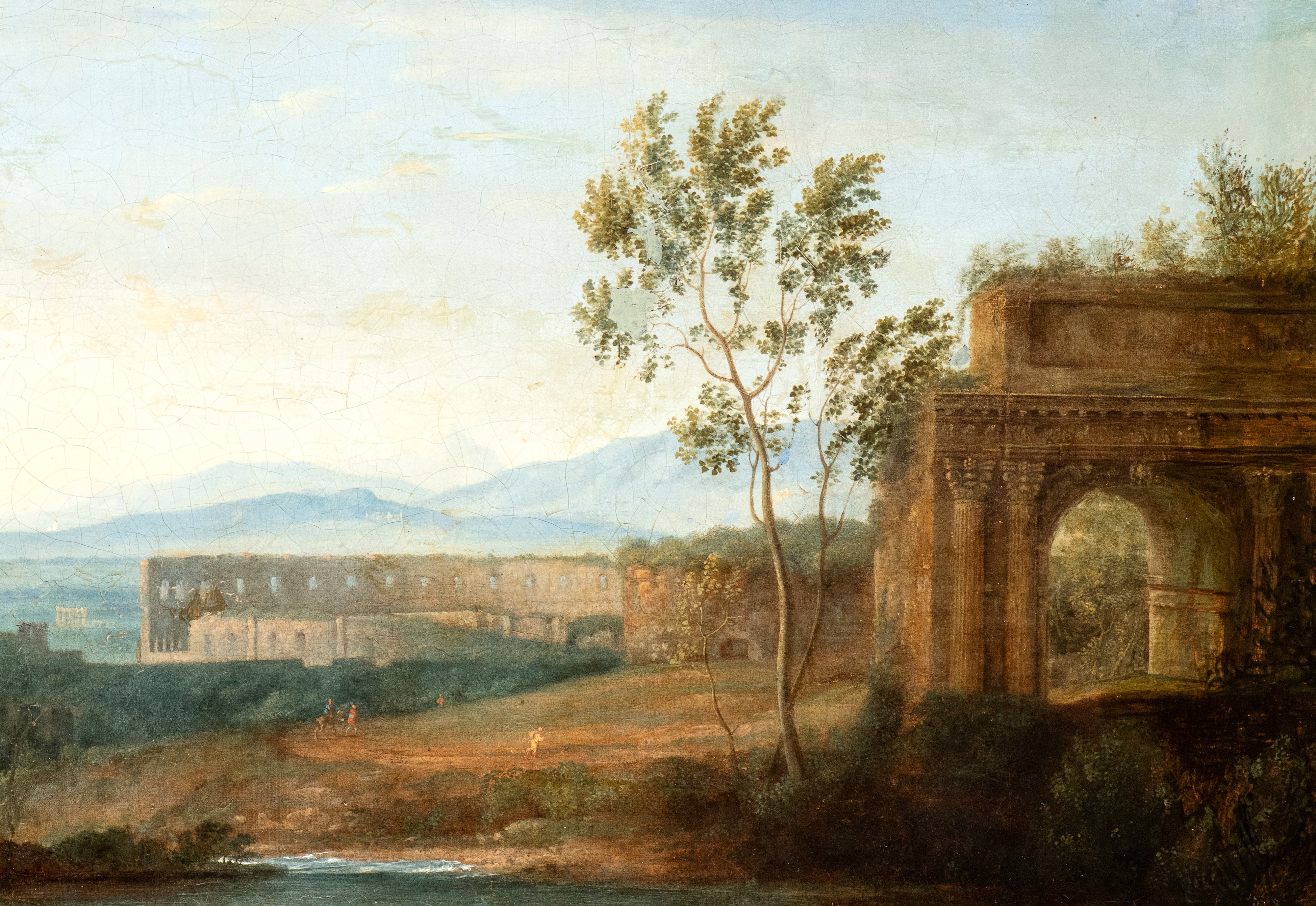 Paesaggio con pastori e greggi al pascolo, specchio d'acqua e Colosseo sullo sfondo