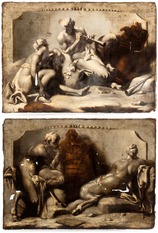 Artista veneto, XVIII secolo - a) Satyr and nymph; b) Satyr and famale satyr. Pair of grisaille paintings