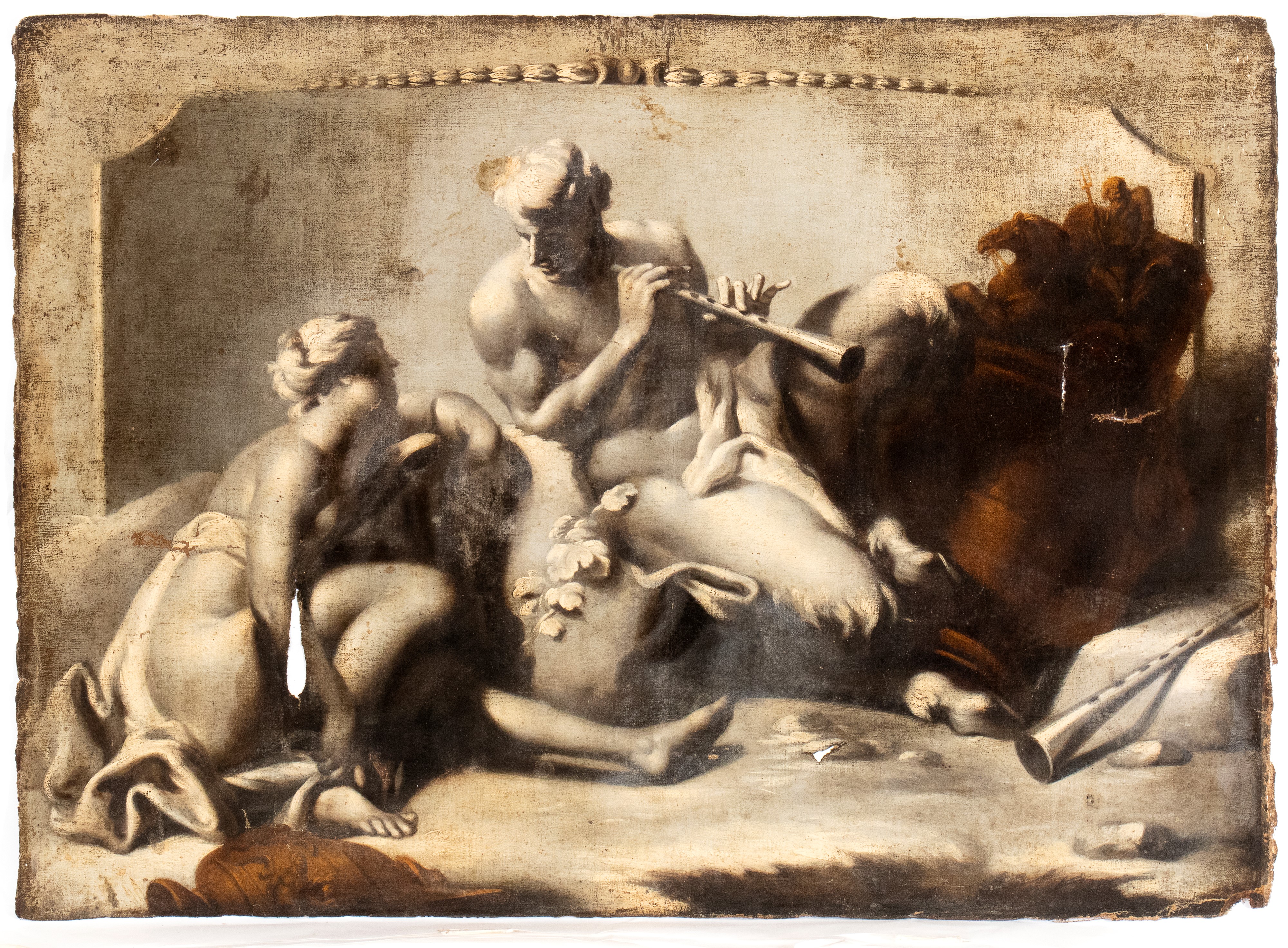Artista Veneto, XVIII Secolo - A) Satiro e Ninfa; B) Satiro e Satiressa. Coppia di Dipinti a Gris...