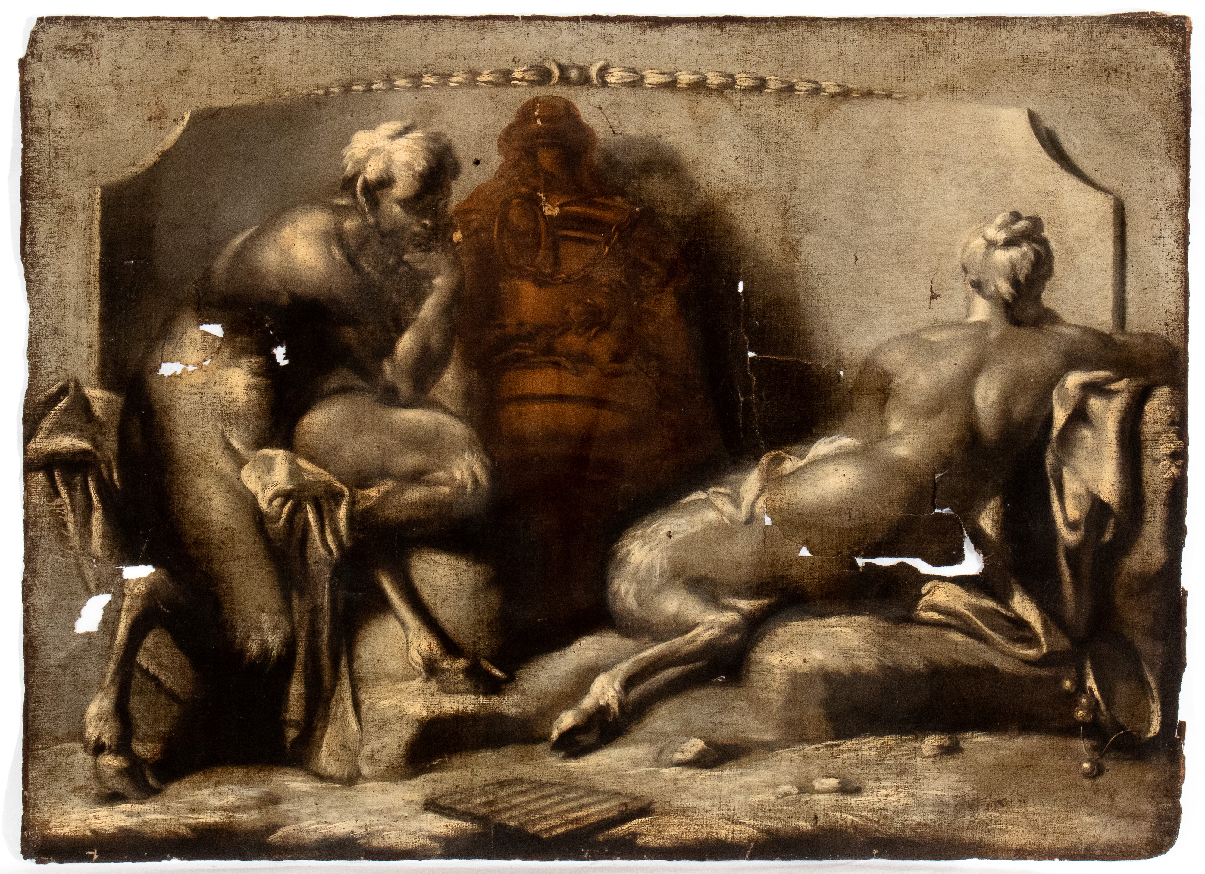 Artista Veneto, XVIII Secolo - A) Satiro e Ninfa; B) Satiro e Satiressa. Coppia di Dipinti a Gris...