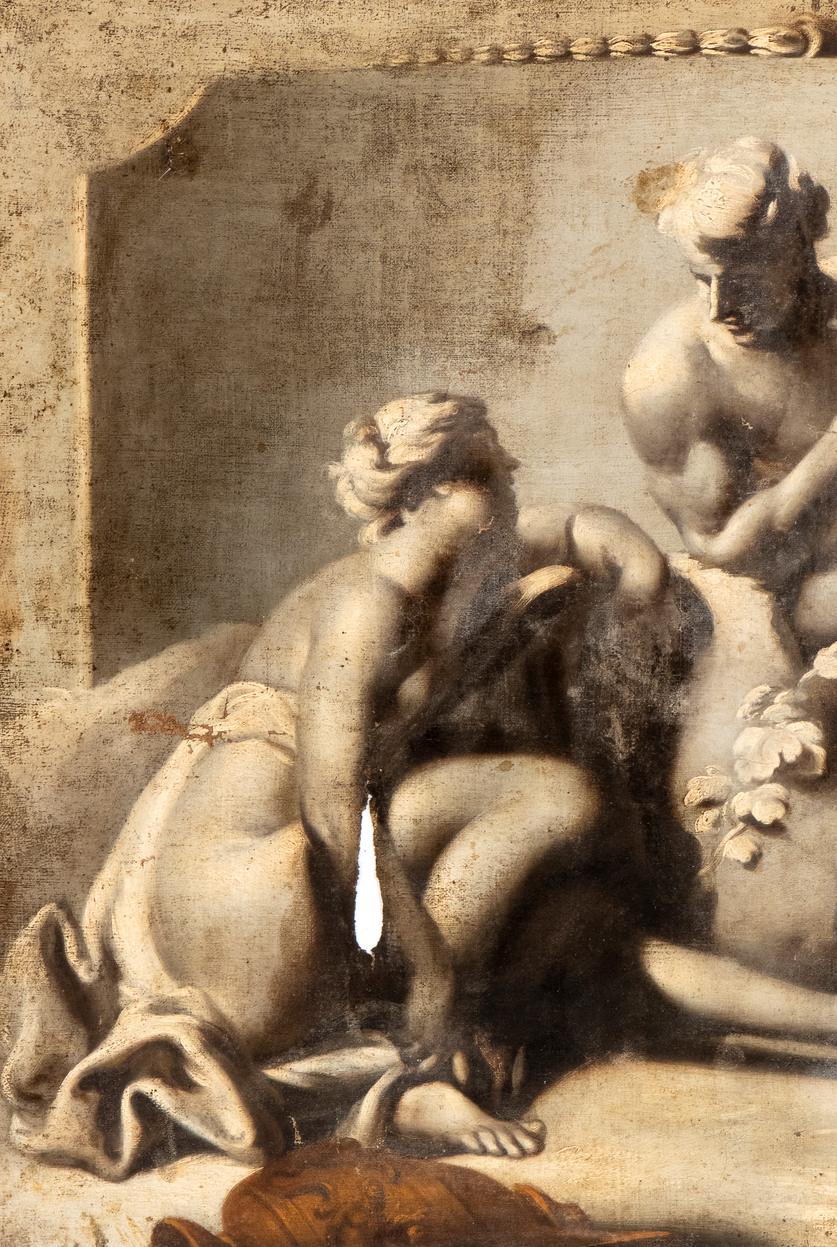 Artista Veneto, XVIII Secolo - A) Satiro e Ninfa; B) Satiro e Satiressa. Coppia di Dipinti a Gris...