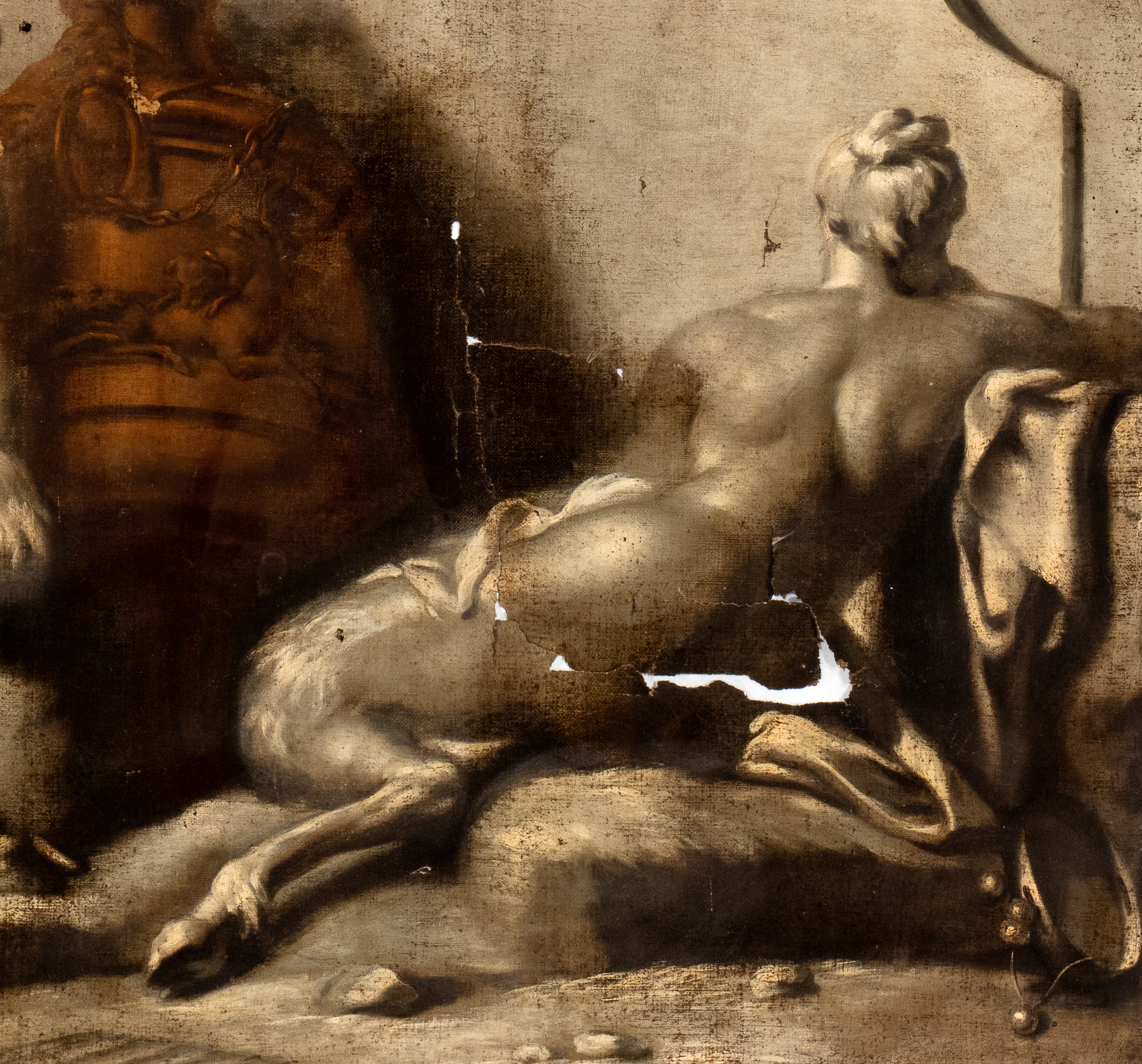 Artista Veneto, XVIII Secolo - A) Satiro e Ninfa; B) Satiro e Satiressa. Coppia di Dipinti a Gris...