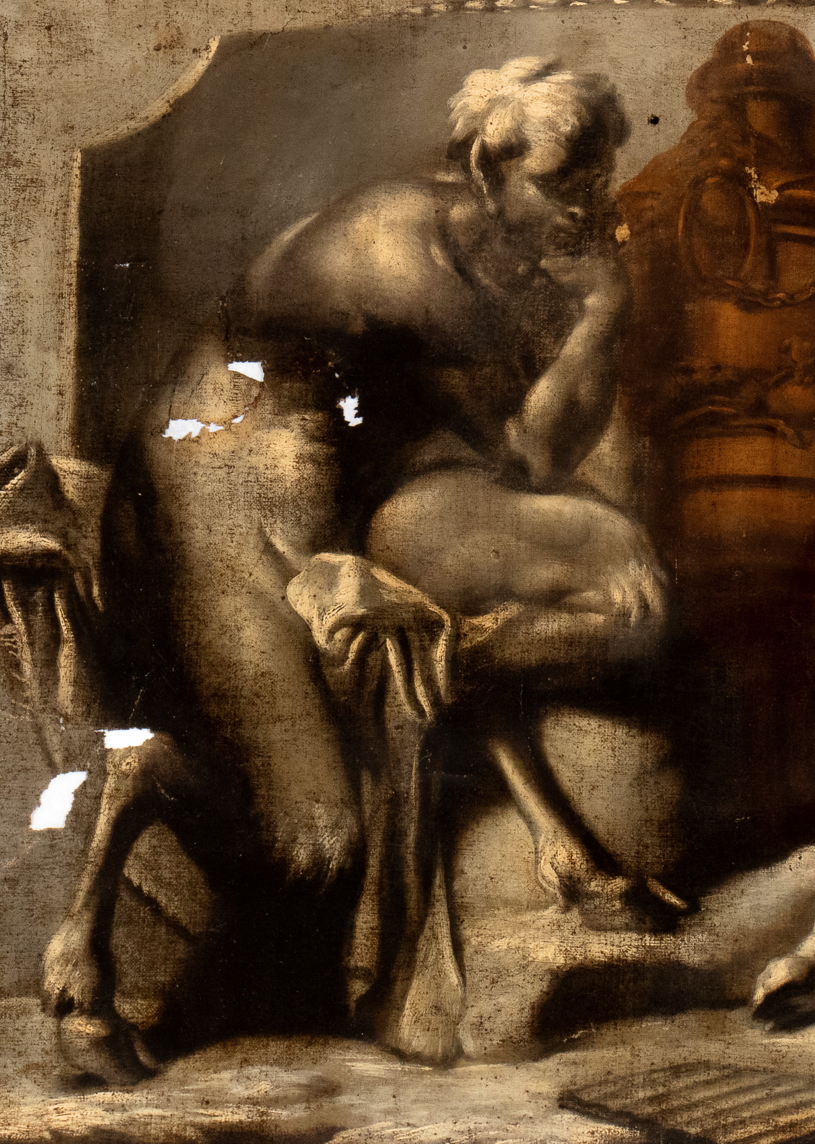 Artista Veneto, XVIII Secolo - A) Satiro e Ninfa; B) Satiro e Satiressa. Coppia di Dipinti a Gris...