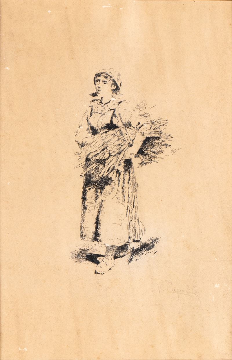 Vincenzo Caprile - Bozzetto per il quadro 'Contadina con fascine', inchiostro su carta applicata ...