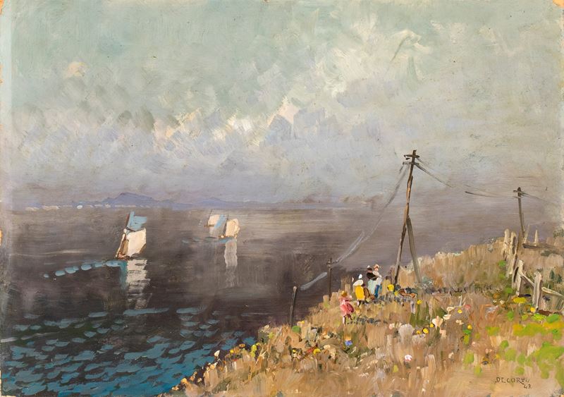 Paesaggio con personaggi e barche a vela