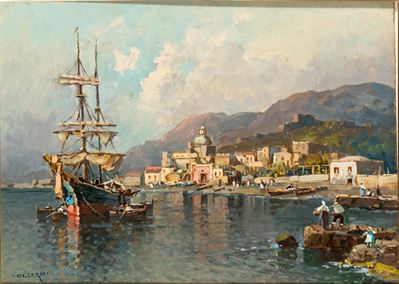 Marina con veliero, olio su masonite