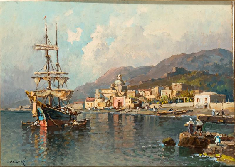 Nicolas De Corsi - Marina con veliero, olio su masonite