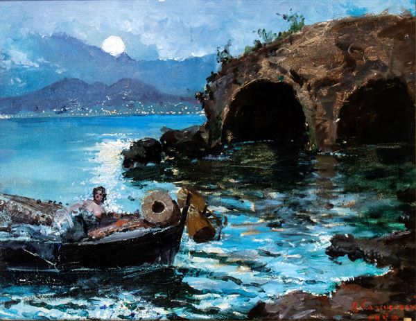 ROBERTO CARIGNANI - Paesaggio notturno con barca