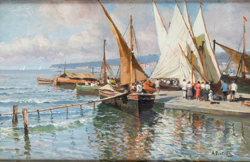 Attilio Pratella - Porto con barche a vela, olio su tavola
