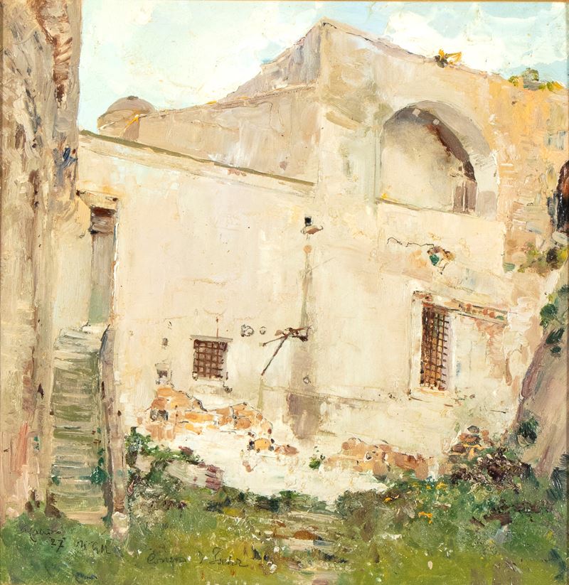 Giuseppe Casciaro - Casolare in campagna, olio su carta