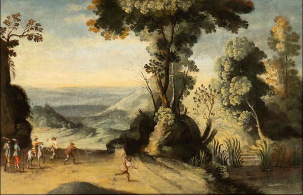 Artista fiammingo, XVIII secolo - Paesaggio con agguato di briganti