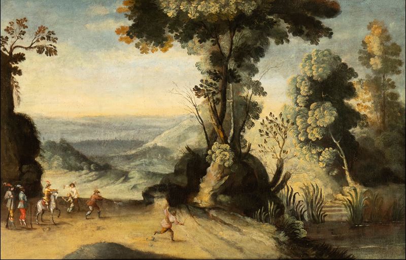 Artista Fiammingo, XVIII Secolo - Paesaggio con agguato di briganti, olio su tela