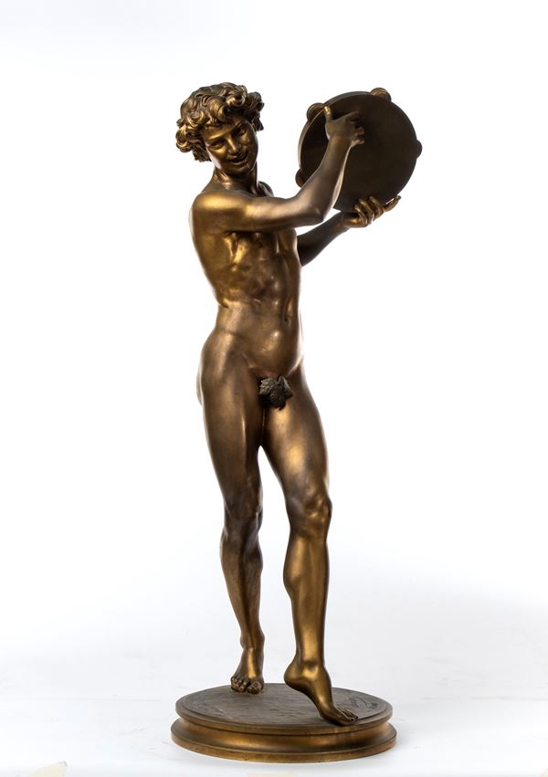 JUSTIN CHRYSOST&#212;ME SANSON - Scultura in bronzo di giovane suonatore di tamburello