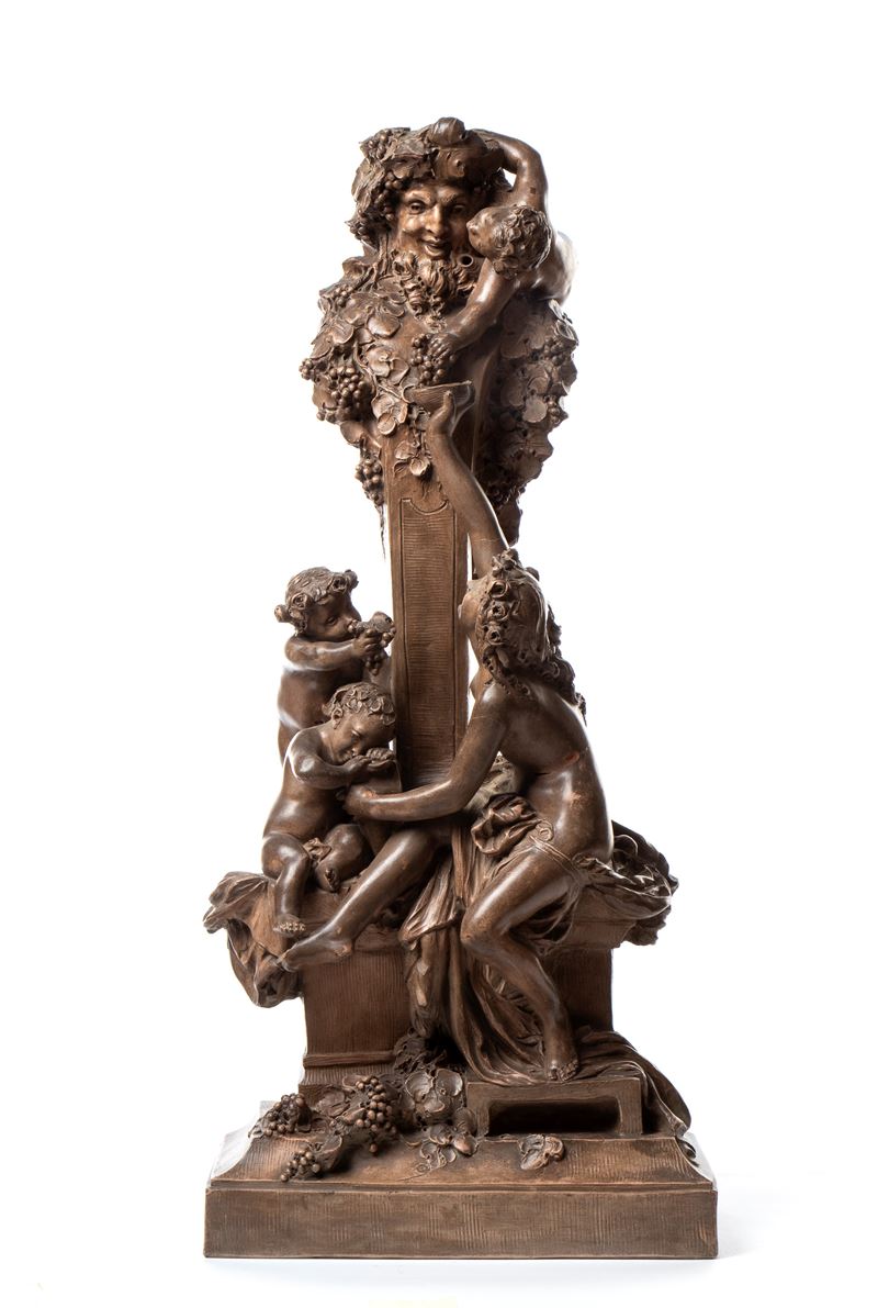 Louis-robert Carrier-belleuse - Grande figura in terracotta raffigurante Bacco e una giovane donn...