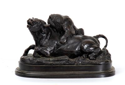 Taureau terrassé par un ours, bronzo patinato