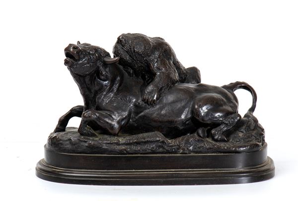 ANTOINE-LOUIS  BARYE - Gruppo animalier francese in bronzo patinato: Taureau terrassé par un ours