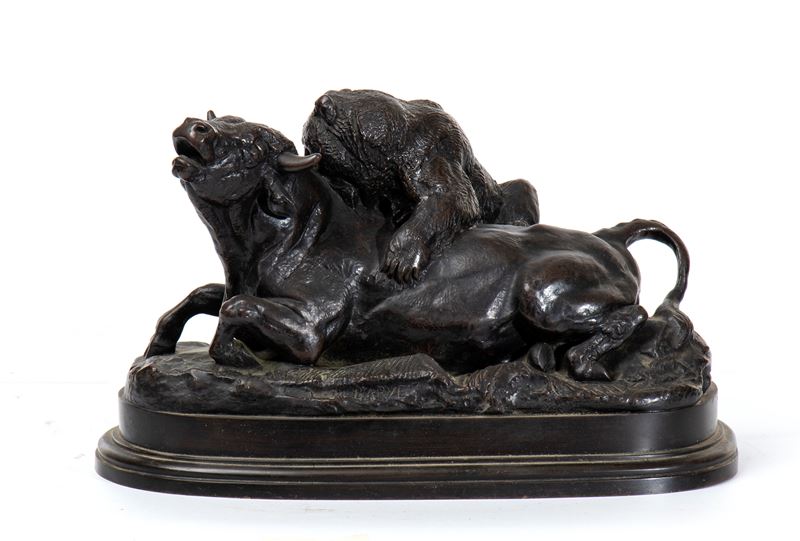 Antoine-louis Barye - Taureau terrassé par un ours, bronzo patinato