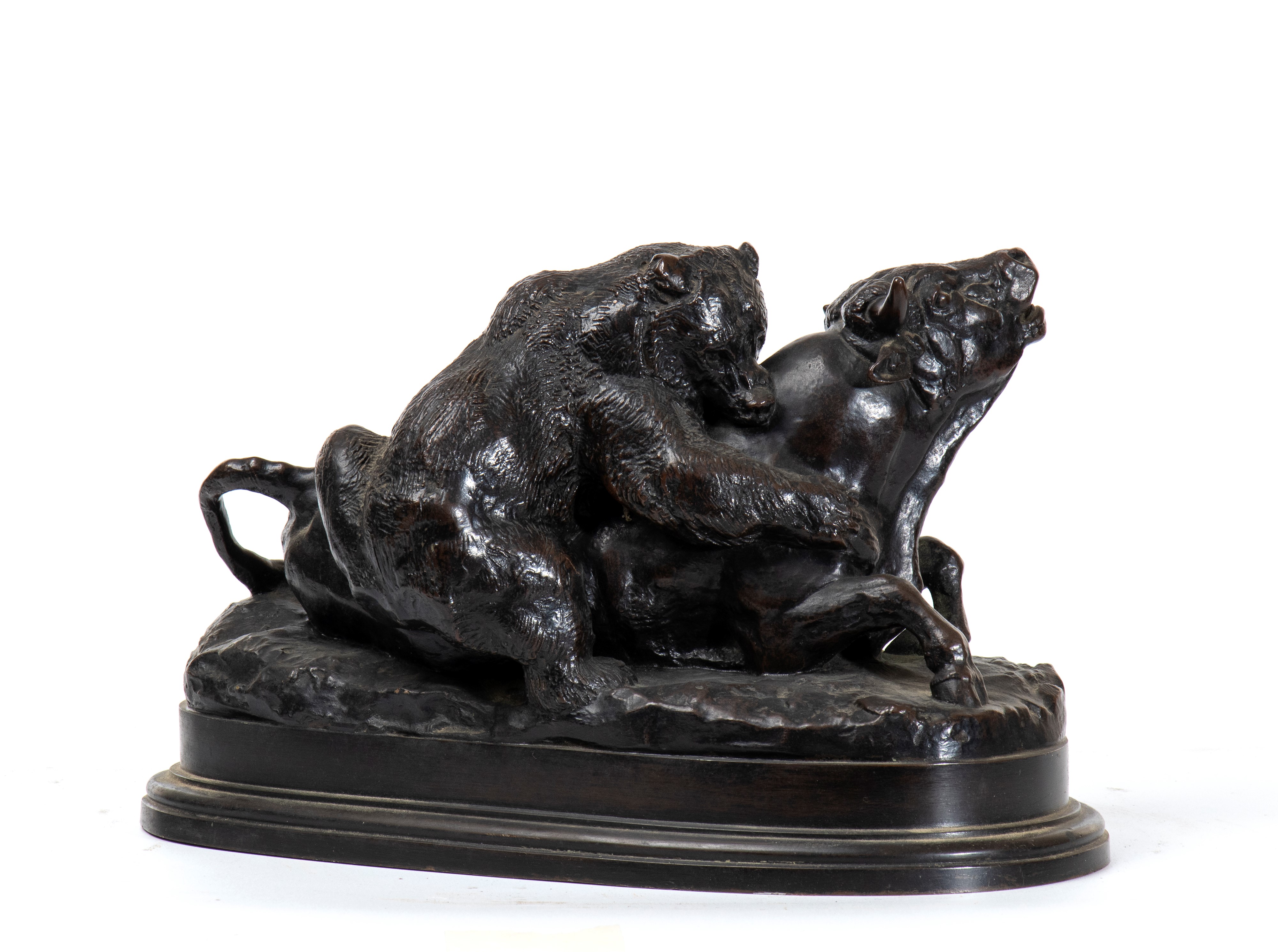 Antoine-louis Barye - Taureau terrassé par un ours, bronzo patinato