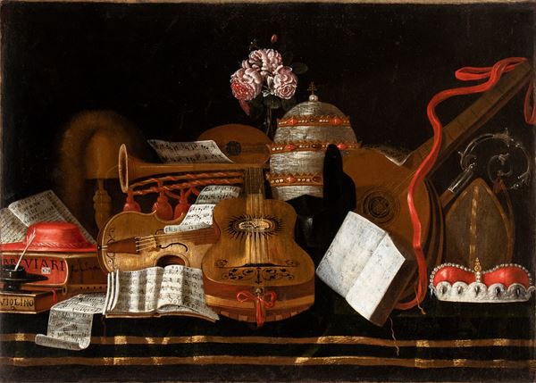 Artista lombardo, fine XVII - inizio XVIII secolo - Vanitas with sheet music, books, tiara, crown, cardinal's hat and musical instruments