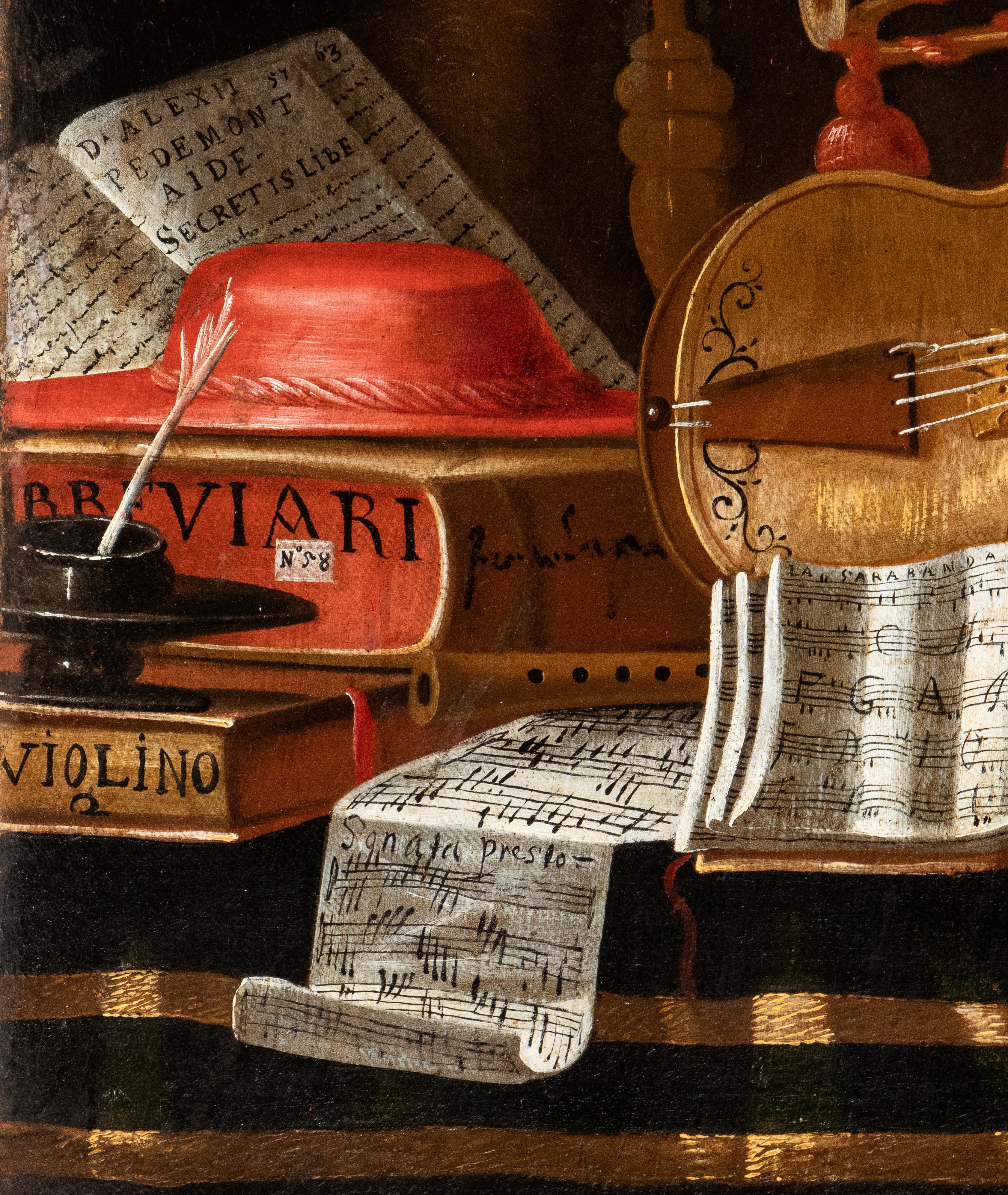 Vanitas con spartiti, libri, tiara, corona, cappello cardinalizio e strumenti musicali