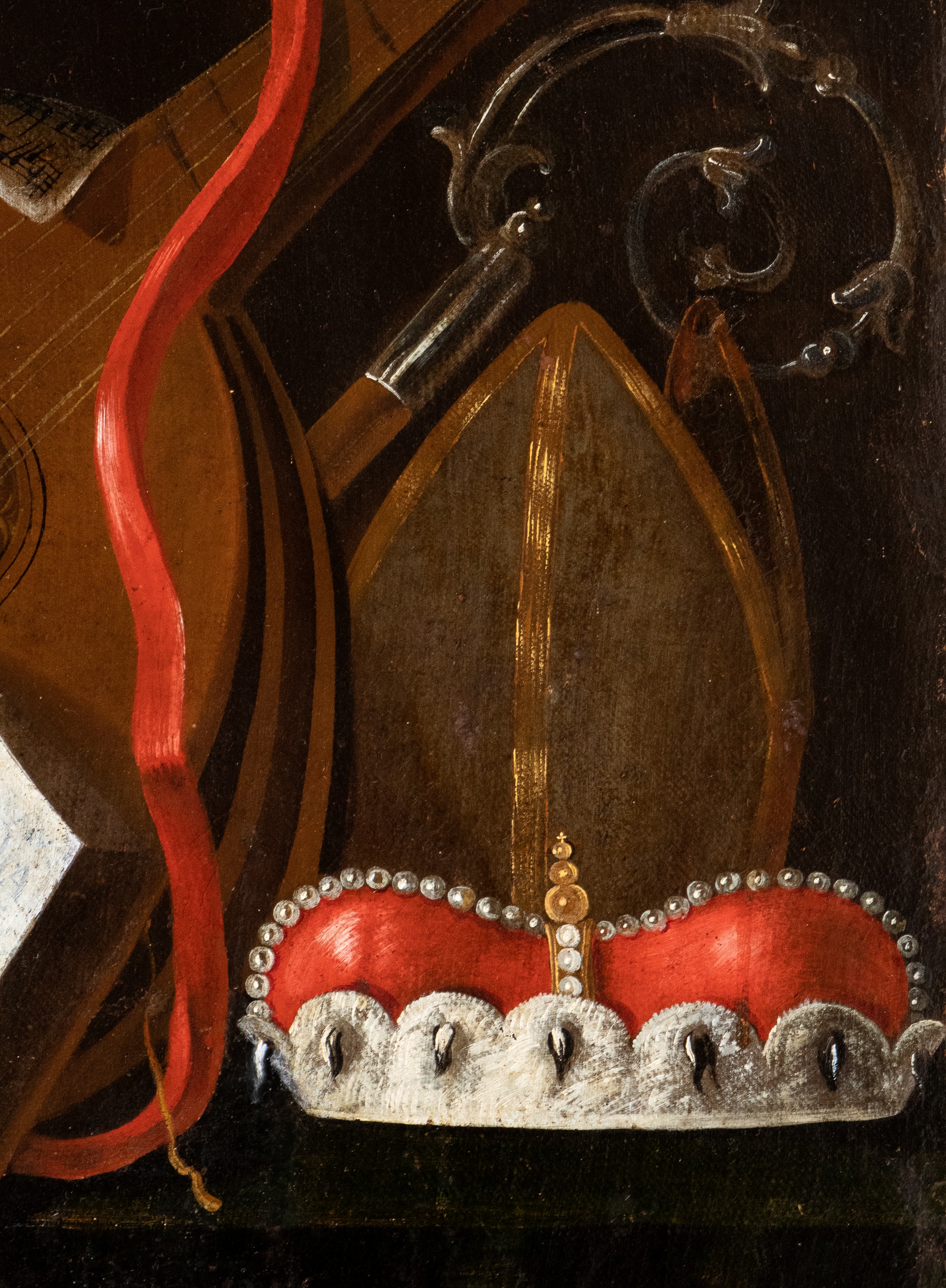 Vanitas con spartiti, libri, tiara, corona, cappello cardinalizio e strumenti musicali