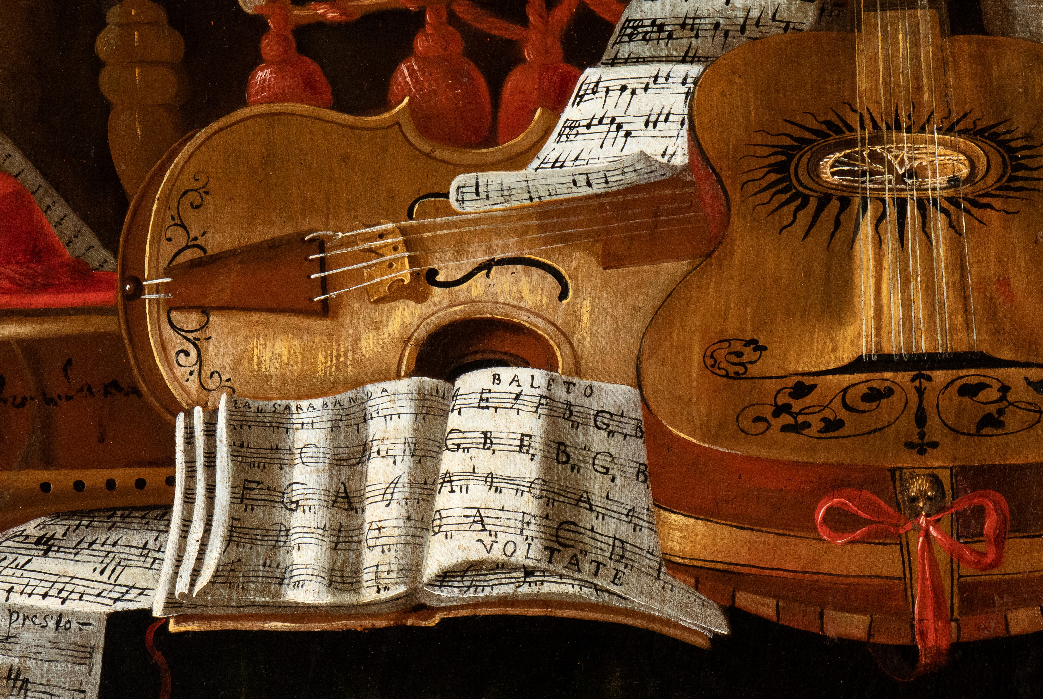 Vanitas con spartiti, libri, tiara, corona, cappello cardinalizio e strumenti musicali