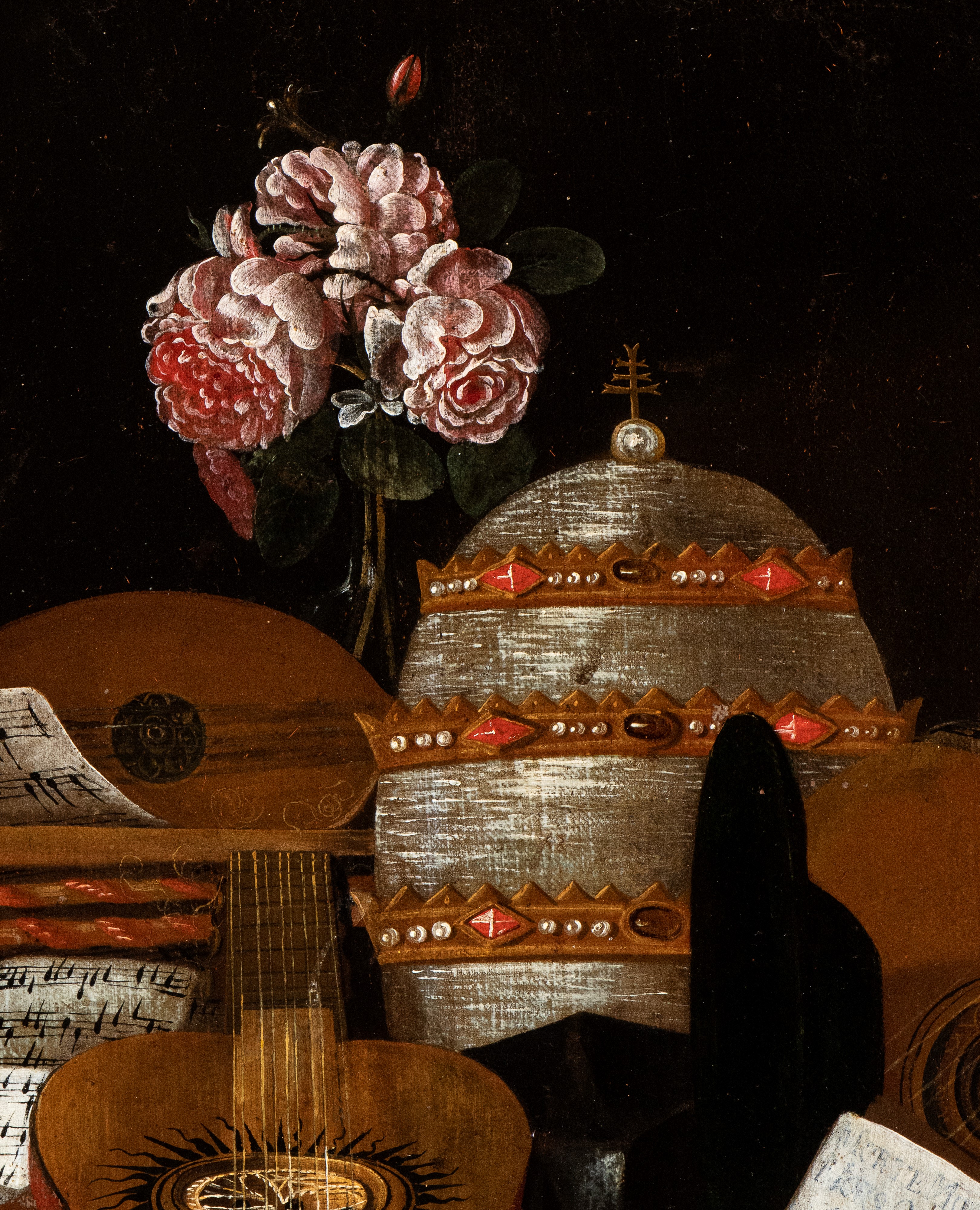 Vanitas con spartiti, libri, tiara, corona, cappello cardinalizio e strumenti musicali