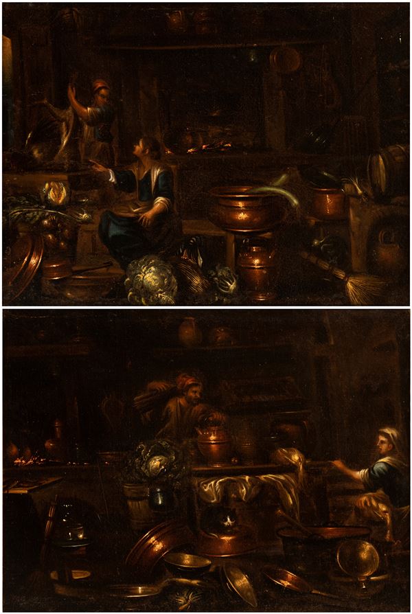 Gian Domenico Valentino - a) Kitchen with two cooks, vegetables and copper pots; b) Kitchen with pair of figures, cat and copper pots. Pair of paintings