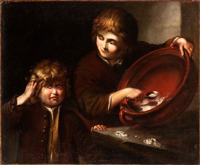 Scena di genere con due fanciulli in cucina, olio su tela