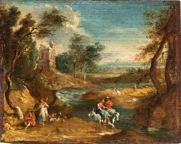 Artista fiammingo, XVII secolo - Landscape with travellers and a watercourse