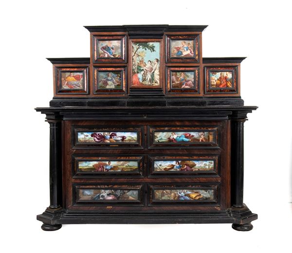 Italian commode cabinet in rosewood and tortoiseshell with painted glass, Louis XIV