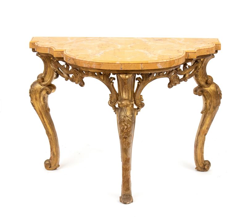 Console italiana Luigi XVI, struttura in legno dorato e piano in marmo giallo Siena (Roma, XVIII ...